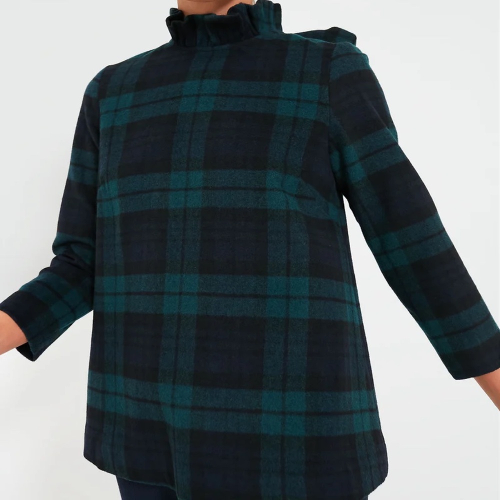 TUCKERNUCK Blackwatch Plaid Faye Blouse, Ruffle Neck with Bow, Women's Size XL